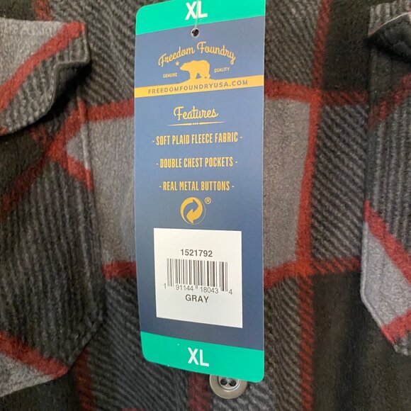 Freedom Foundry gray red plaid flannel shirt shacket pockets metal buttons men X - Picture 5 of 10